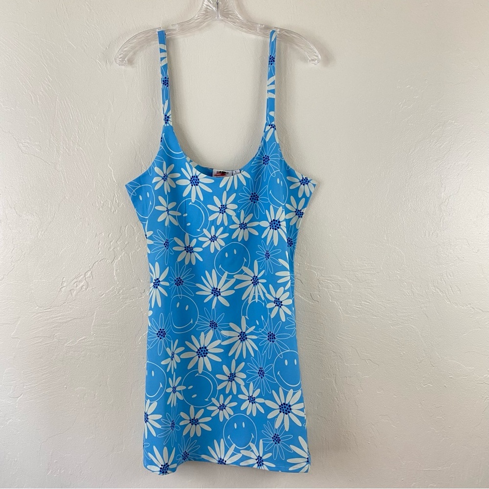 BSR By Samii Ryan Sky Blue Smiley Daisy Floral Print Spaghetti Strap Mini Dress - Picture 3 of 6